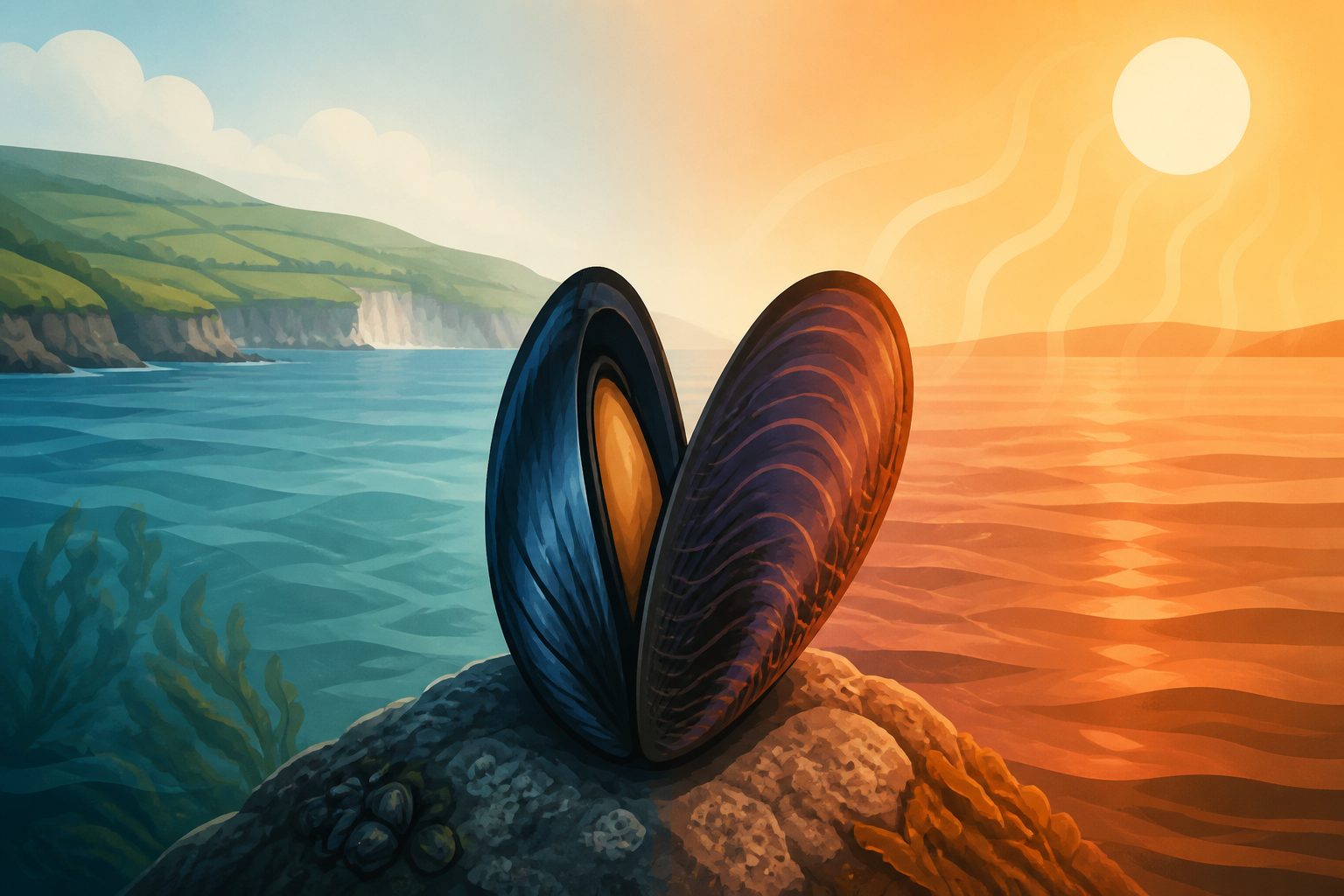 Abstract editorial illustration accompanying the article: Blue mussels in an Irish hybrid zone change their stress response during heat waves