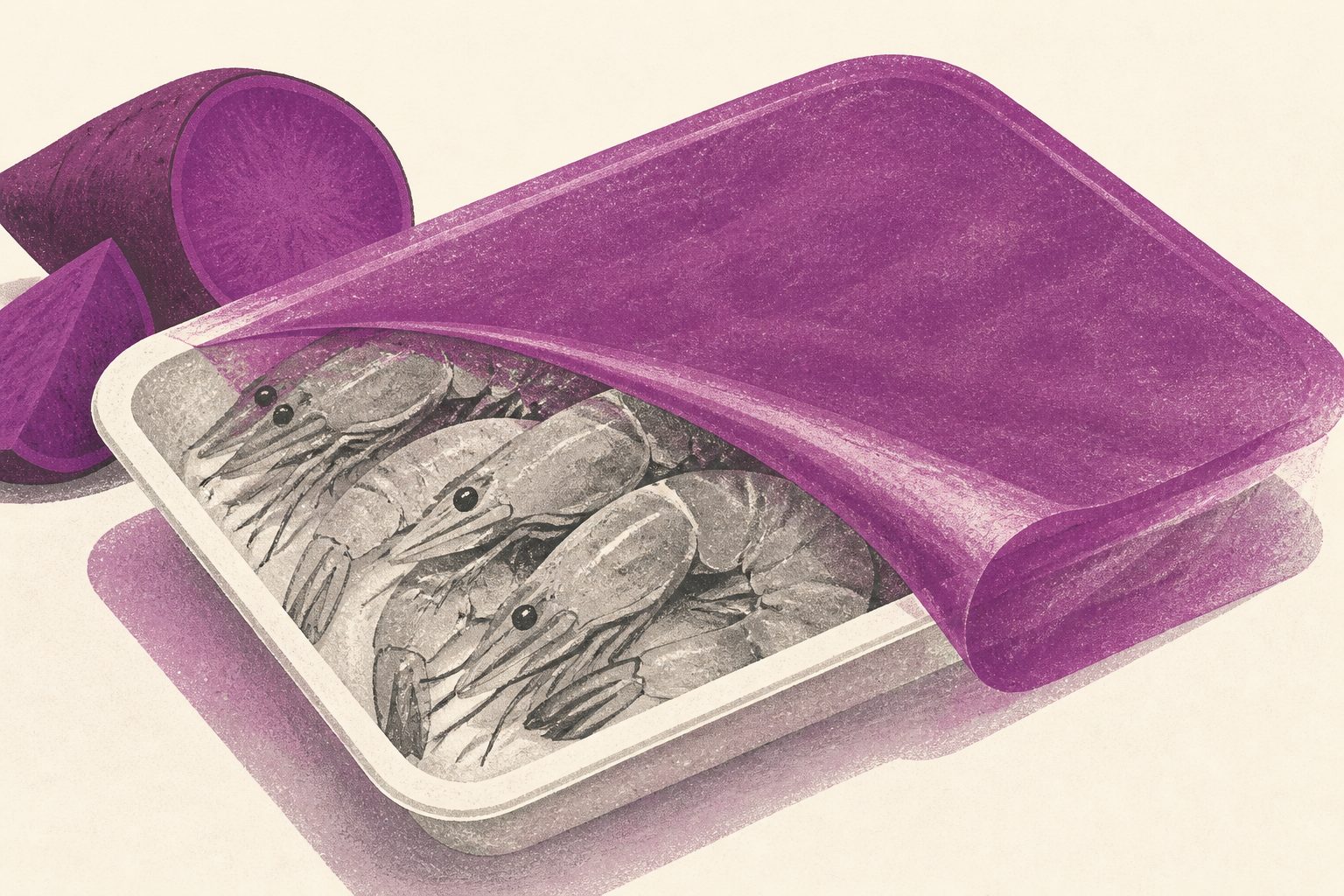 Abstract editorial illustration accompanying the article: Edible film with purple sweet-potato color tracks shrimp freshness