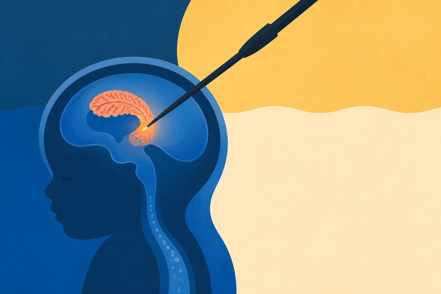 Abstract editorial illustration accompanying the article: Choroid plexus cauterization may help many infants avoid shunt surgery for Chiari II hydrocephalus