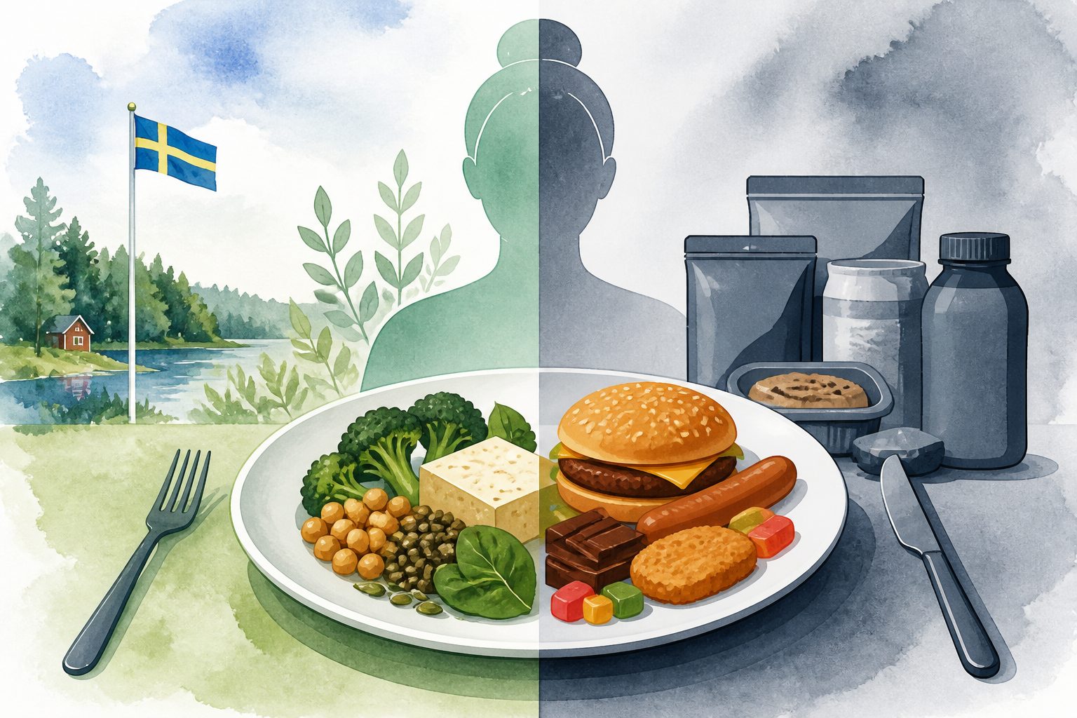 Abstract editorial illustration accompanying the article: Vegans in Sweden got more nutrients from ultra-processed foods, study finds