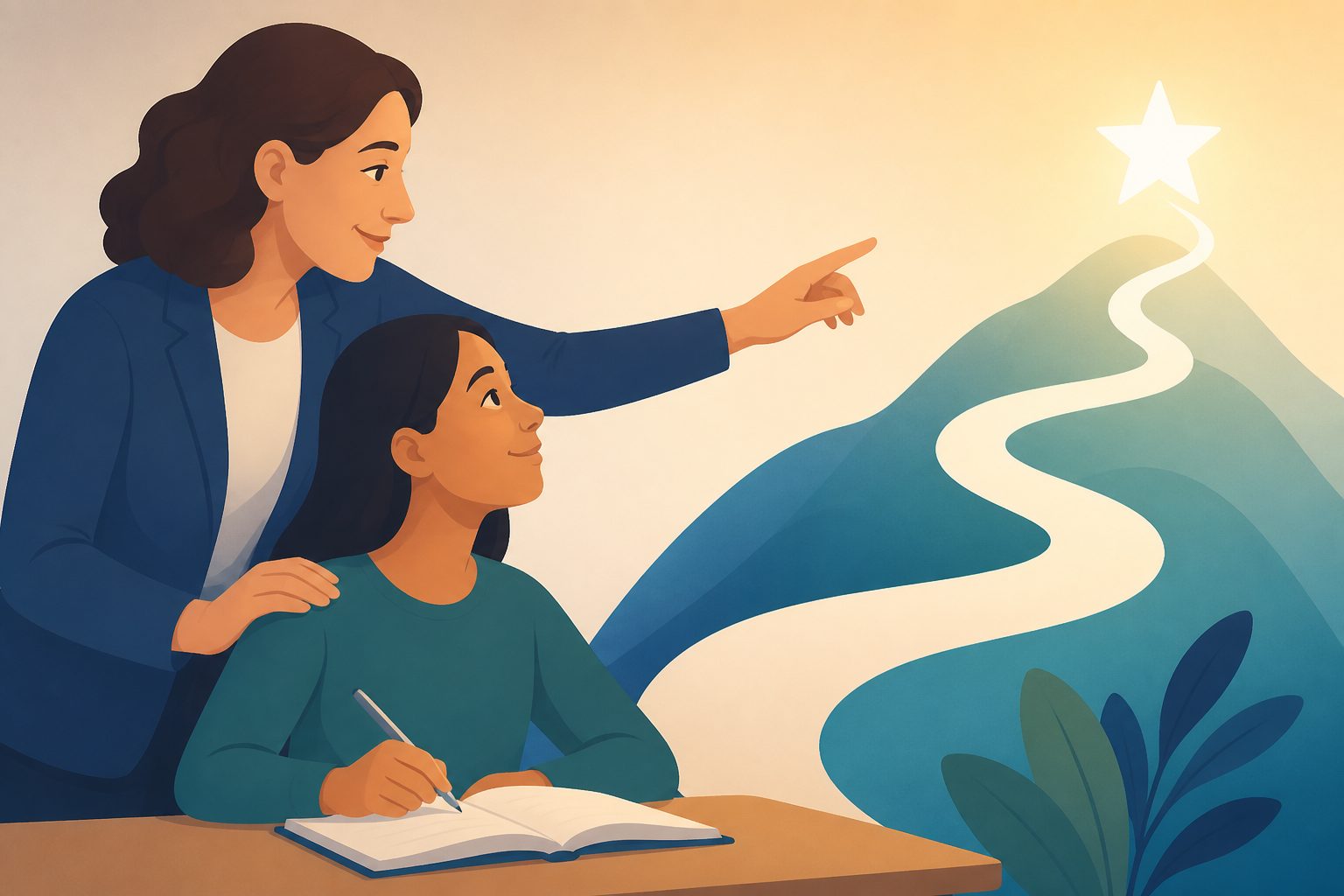 Abstract editorial illustration accompanying the article: Teacher support patterns can boost English learners’ motivation, review finds unified framework