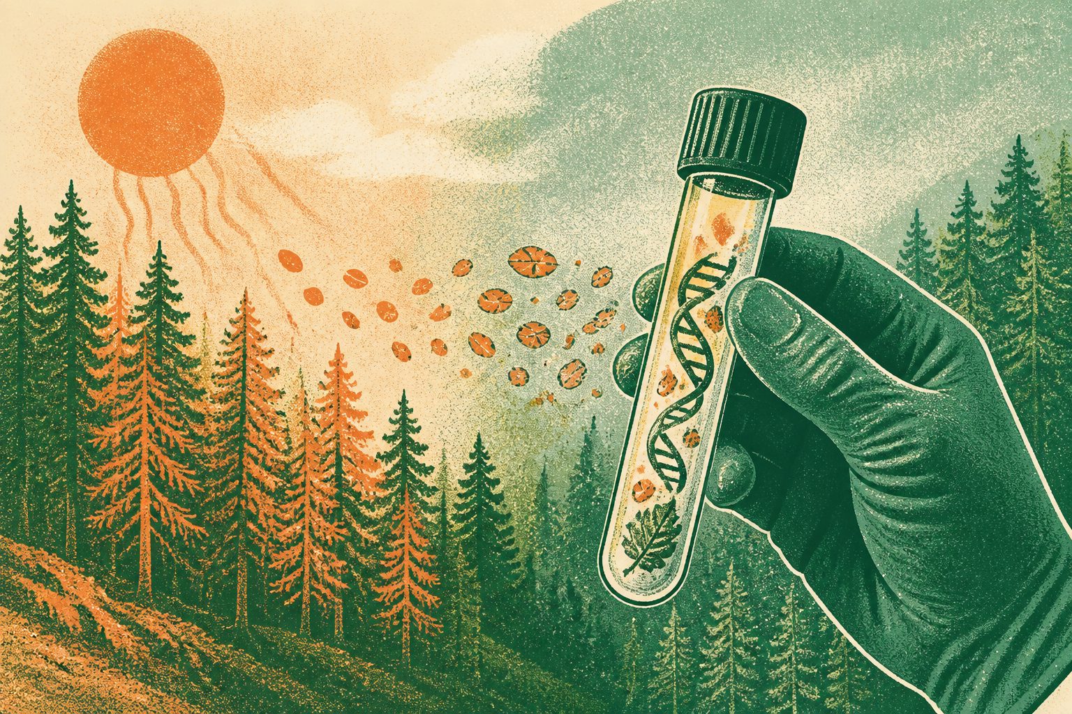 Abstract editorial illustration accompanying the article: How climate change reshuffles forest diseases, and new DNA tests help track them