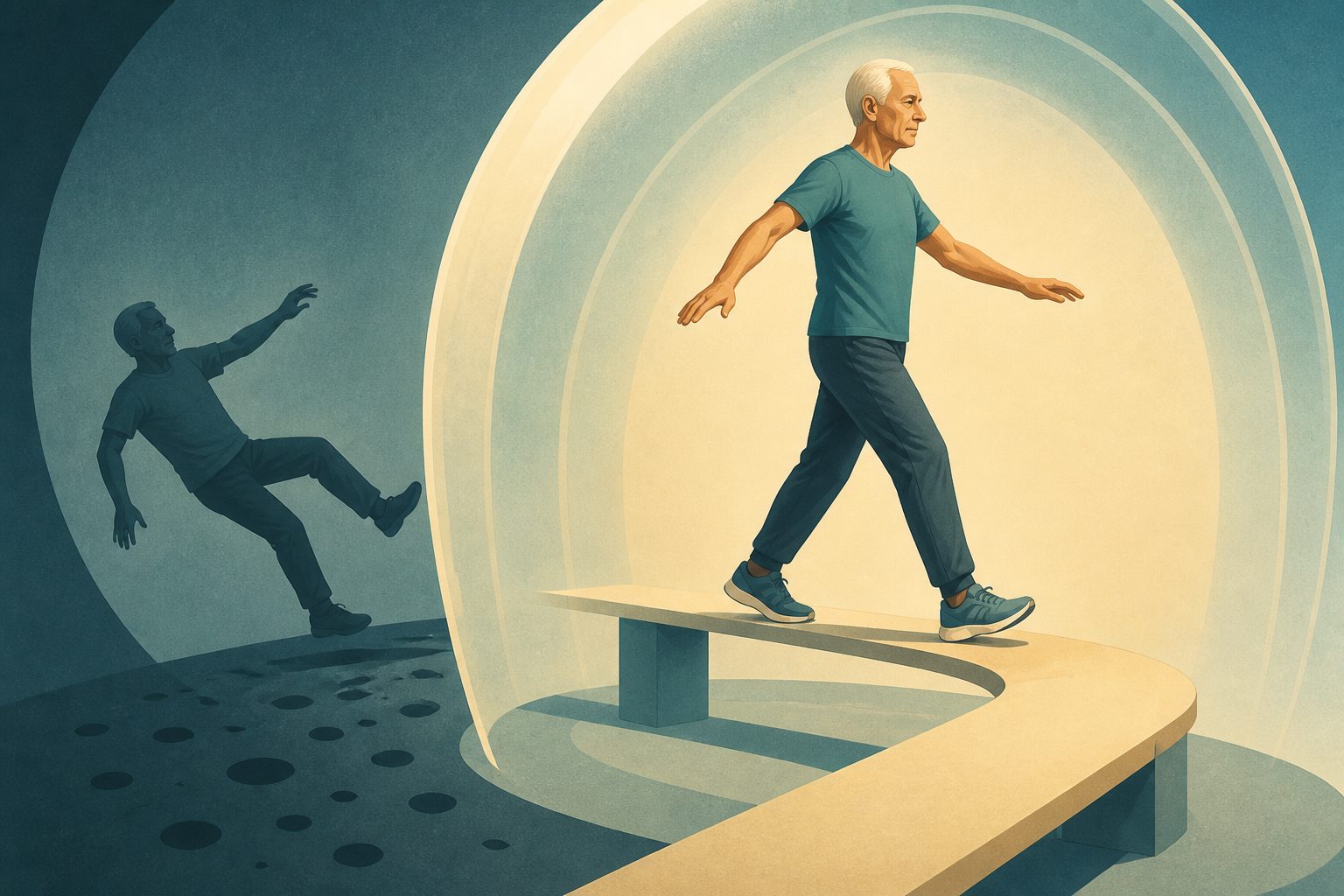 Abstract editorial illustration accompanying the article: Review examines whether exercise lowers fall risk in people with Parkinson’s disease