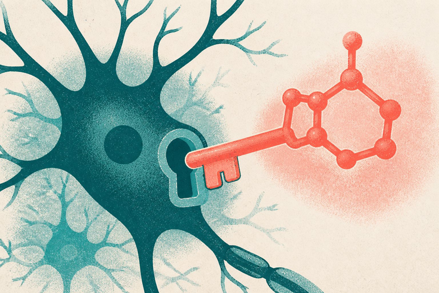 Abstract editorial illustration accompanying the article: Review examines ketamine’s possible mechanisms for treating ALS