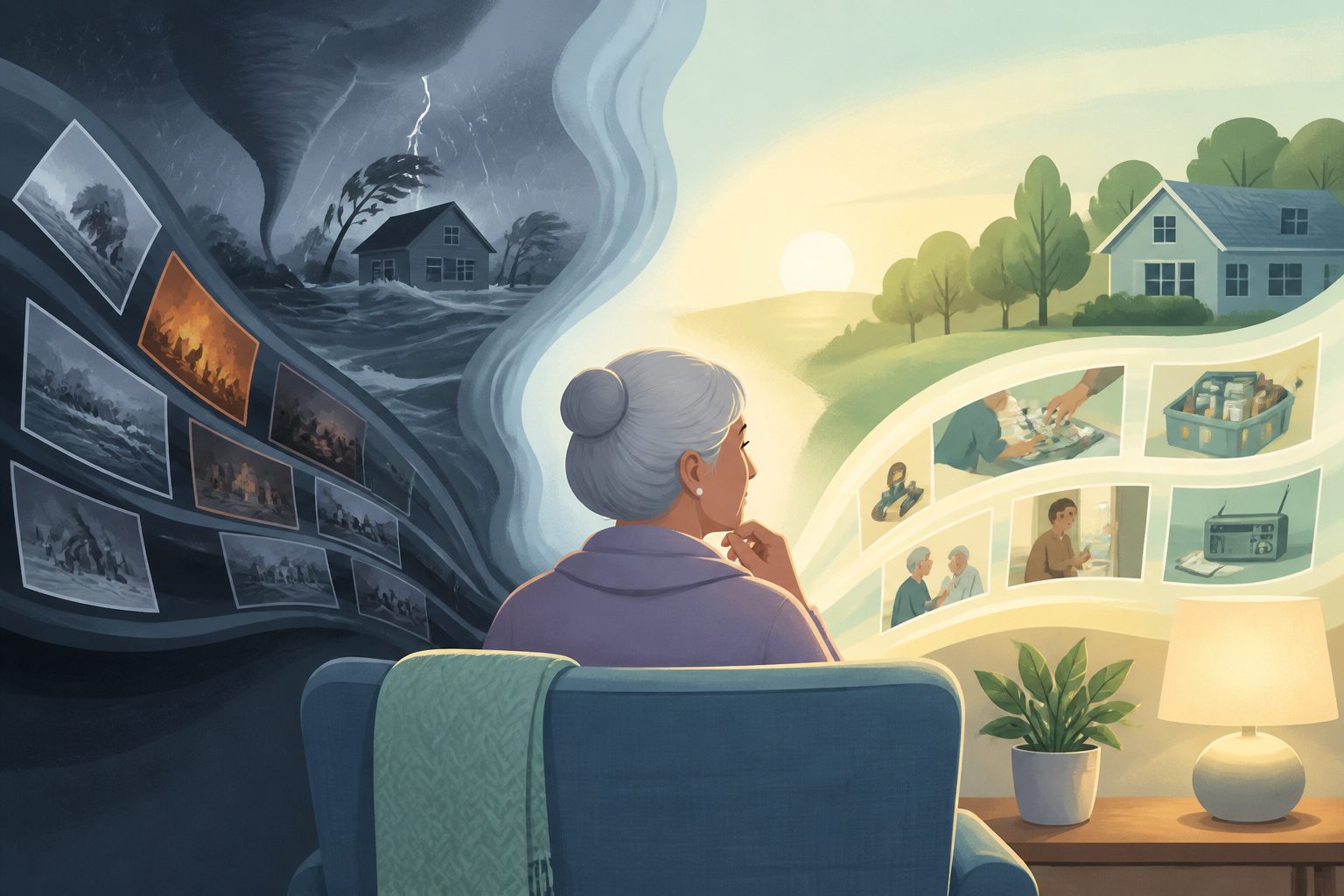 Abstract editorial illustration accompanying the article: When disaster news helps or harms older adults’ preparedness
