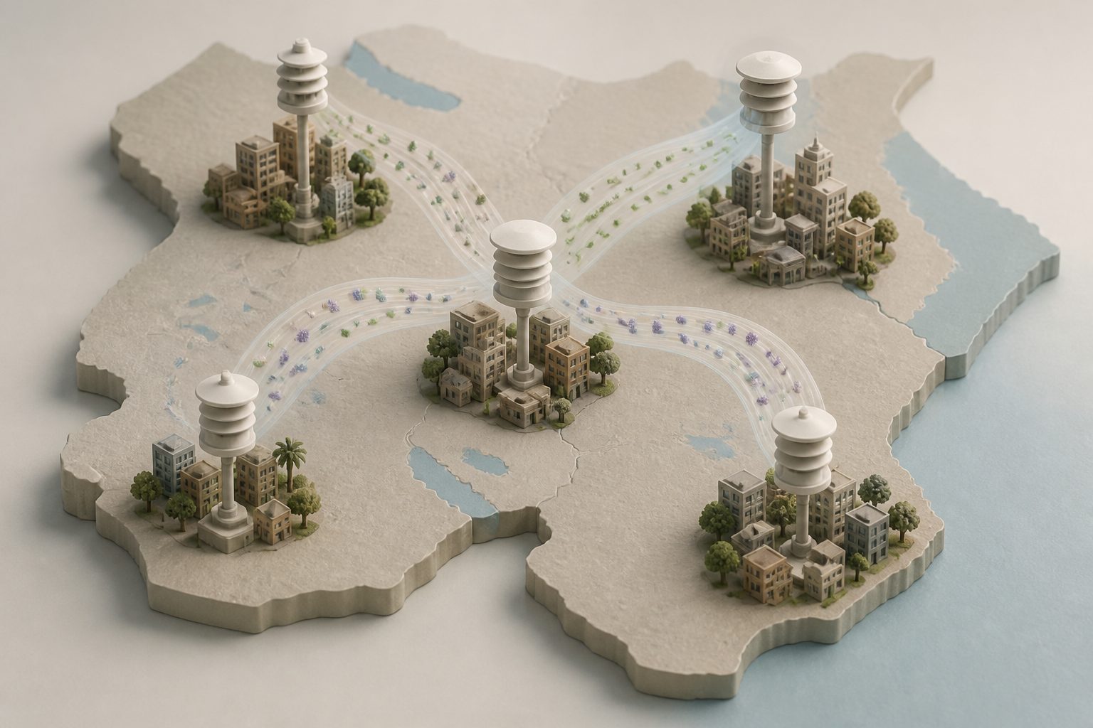 Abstract editorial illustration accompanying the article: Passive air samplers map shared outdoor bacteria and more varied fungi across five East African cities