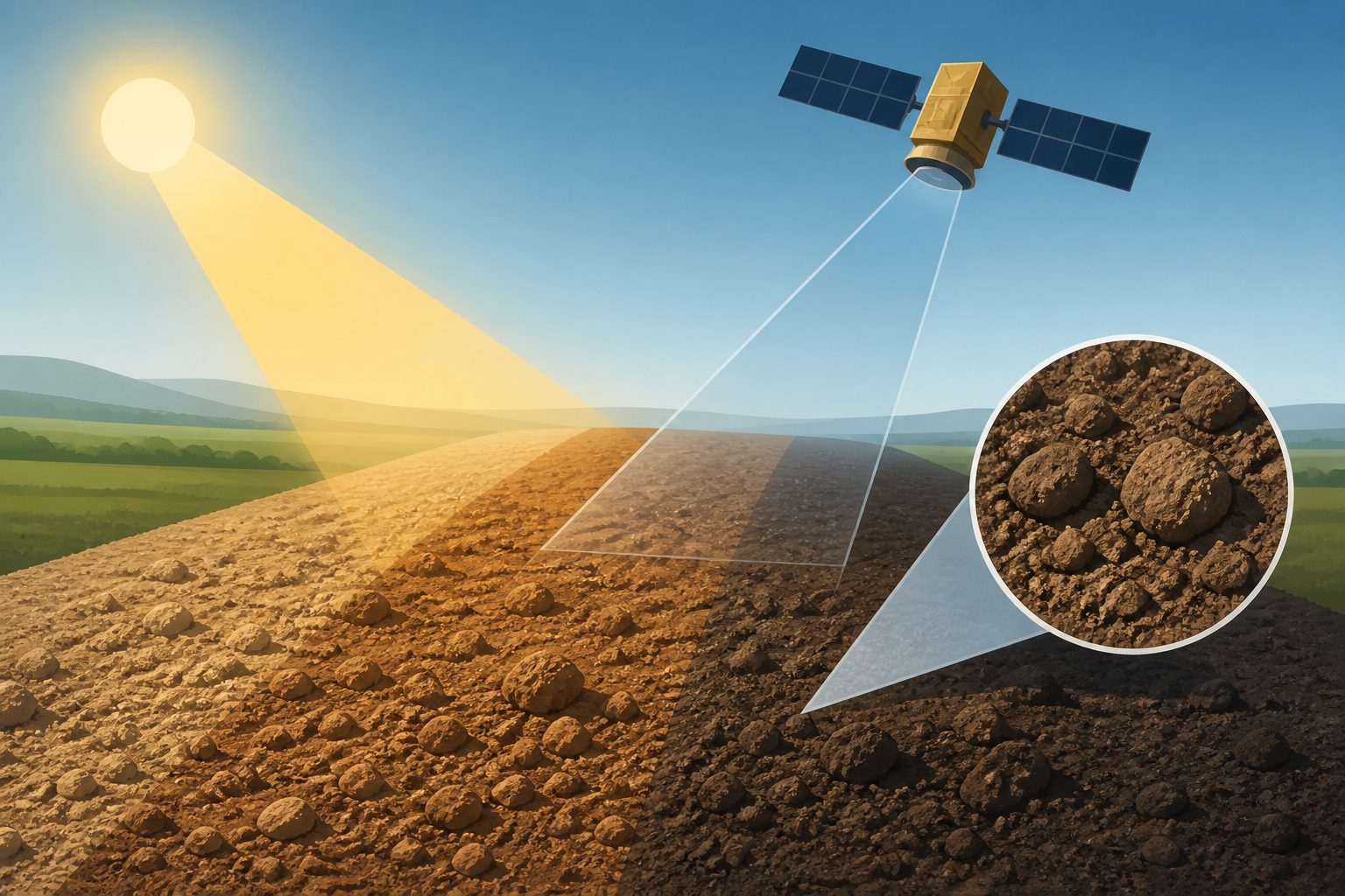 Abstract editorial illustration accompanying the article: Sun angle and rough soil, not wetness, drive changing satellite soil colors