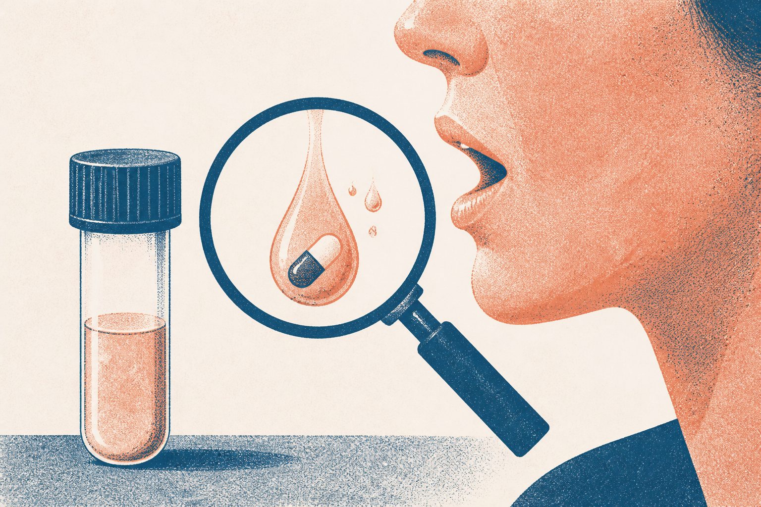 Abstract editorial illustration accompanying the article: Review examines how well saliva tests may track antiviral drug levels