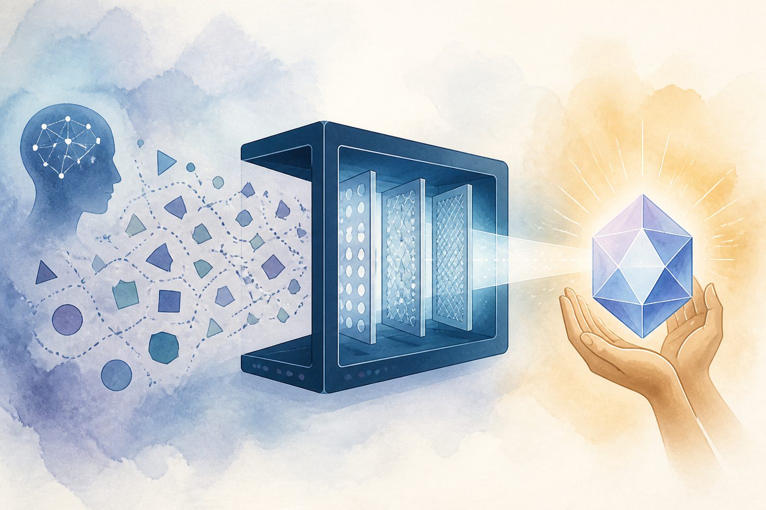 Abstract editorial illustration accompanying the article: A framework to turn AI math guesses into checkable, earned proof claims