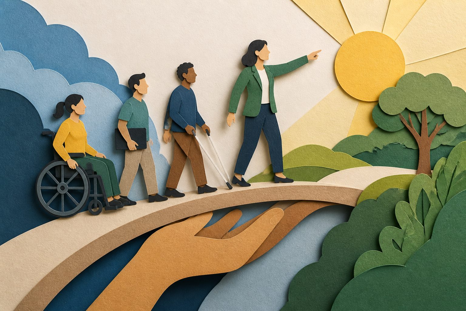 Abstract editorial illustration accompanying the article: Leadership style linked to better well-being for differently-abled workers