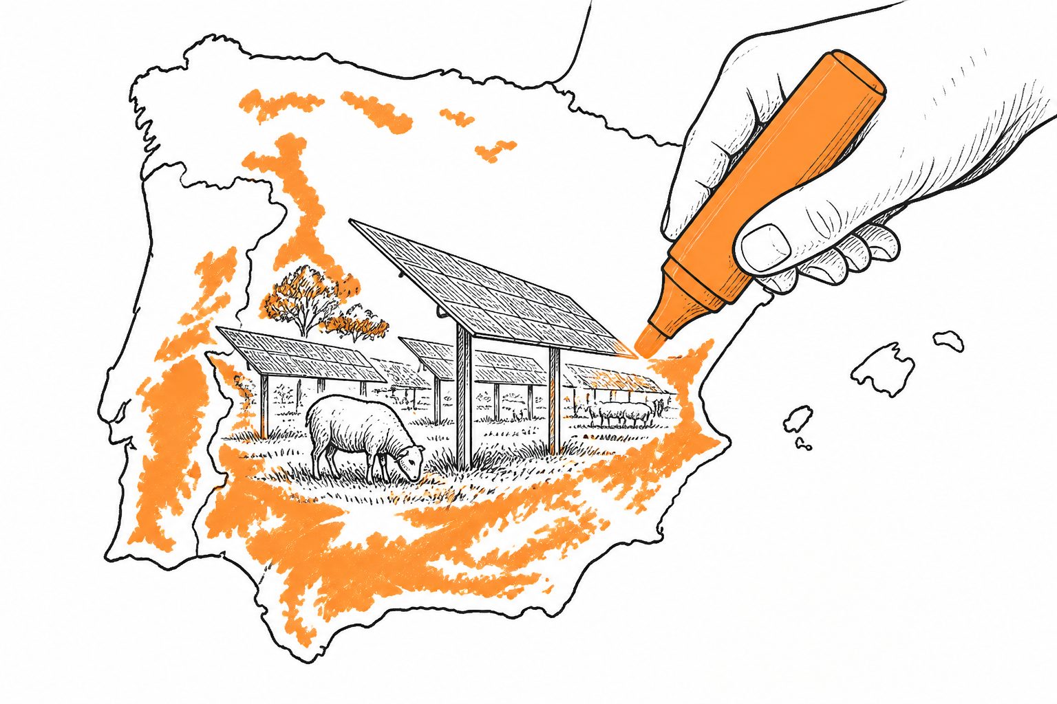 Abstract editorial illustration accompanying the article: Maps assess where agrivoltaic solar farms could work across Iberia
