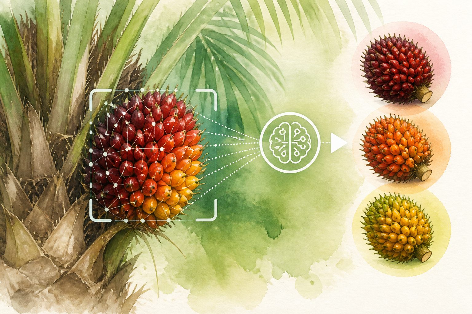 Abstract editorial illustration accompanying the article: AI system grades oil palm bunch ripeness fast, to help plan harvest timing