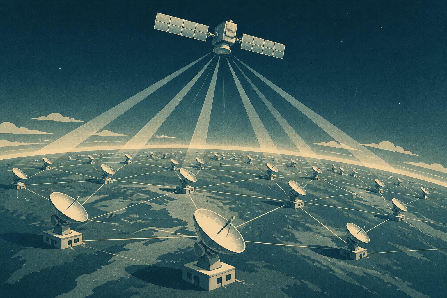 Abstract editorial illustration accompanying the article: Hundreds of GPS ground stations can refine satellite positioning without a central hub