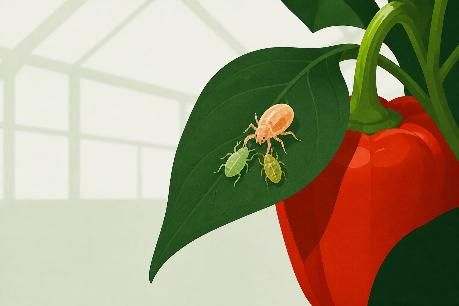 Abstract editorial illustration accompanying the article: Predatory mites suppressed two major pests on greenhouse pepper plants