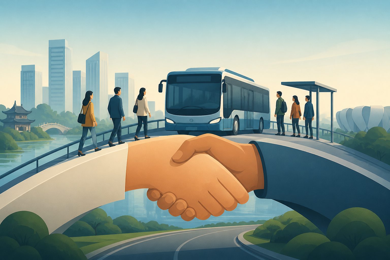 Abstract editorial illustration accompanying the article: In a Wuxi transit pilot, trust—not convenience—shaped plans to use it