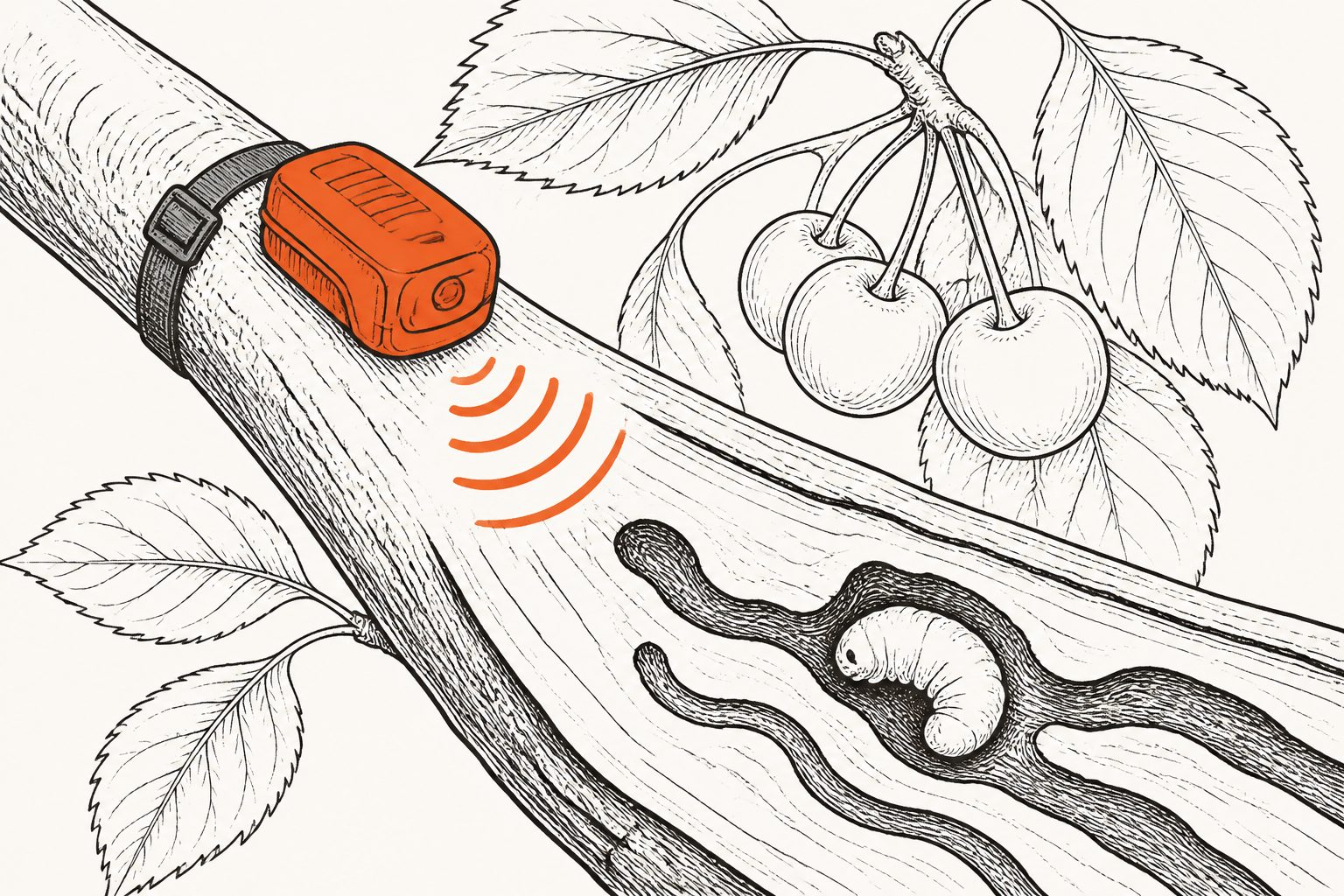 Abstract editorial illustration accompanying the article: Late-summer sensors reveal hidden larvae of a destructive beetle in cherry trees