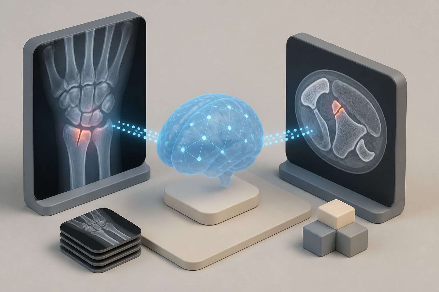 Abstract editorial illustration accompanying the article: Review suggests AI can help spot fractures on X-rays and CT scans