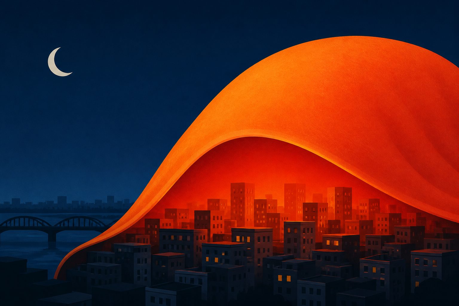 Abstract editorial illustration accompanying the article: Bangladesh’s nights are warming faster, adding to heat risks in its cities