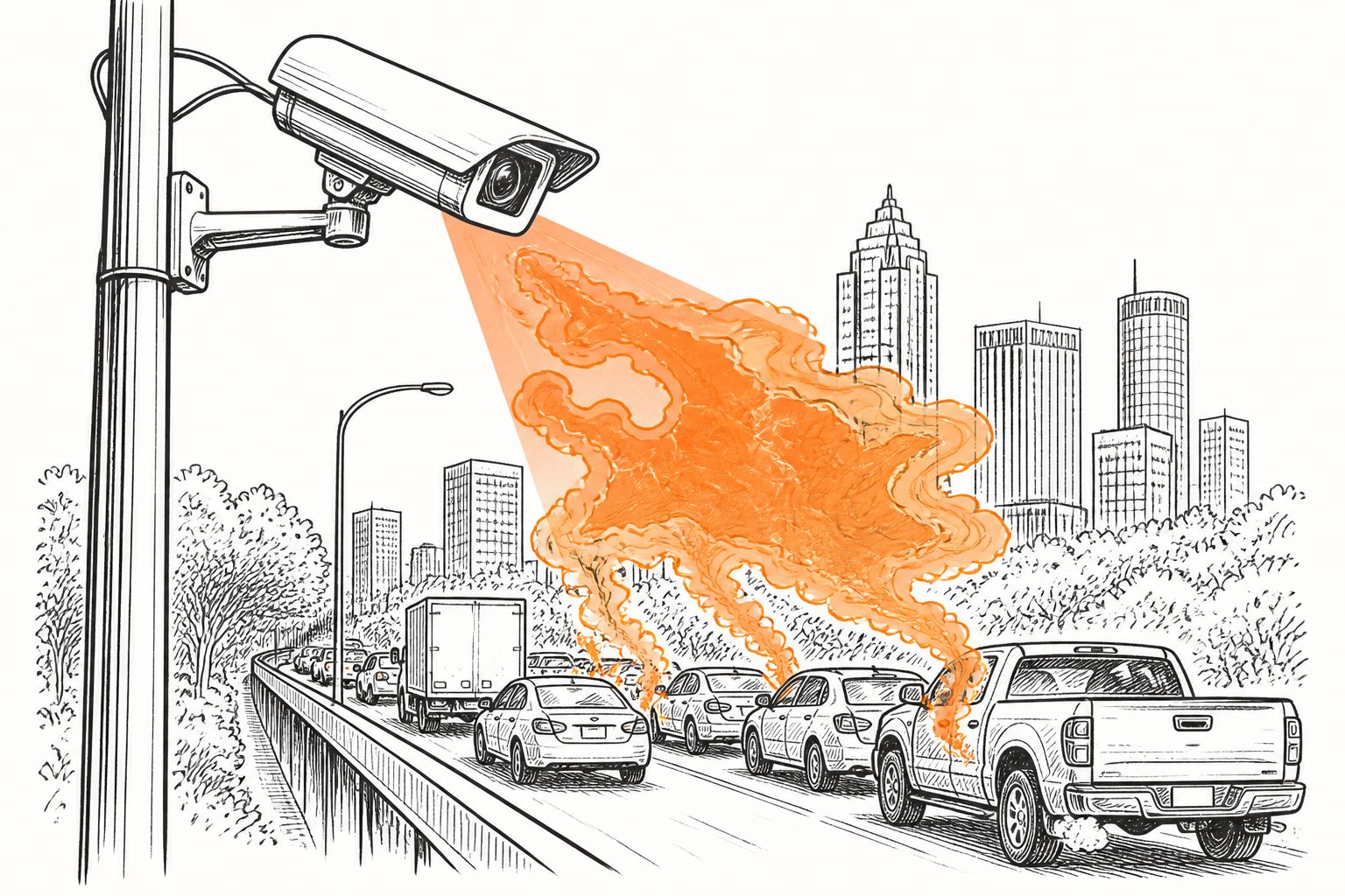Abstract editorial illustration accompanying the article: Street cameras help map Atlanta’s traffic pollution hour by hour