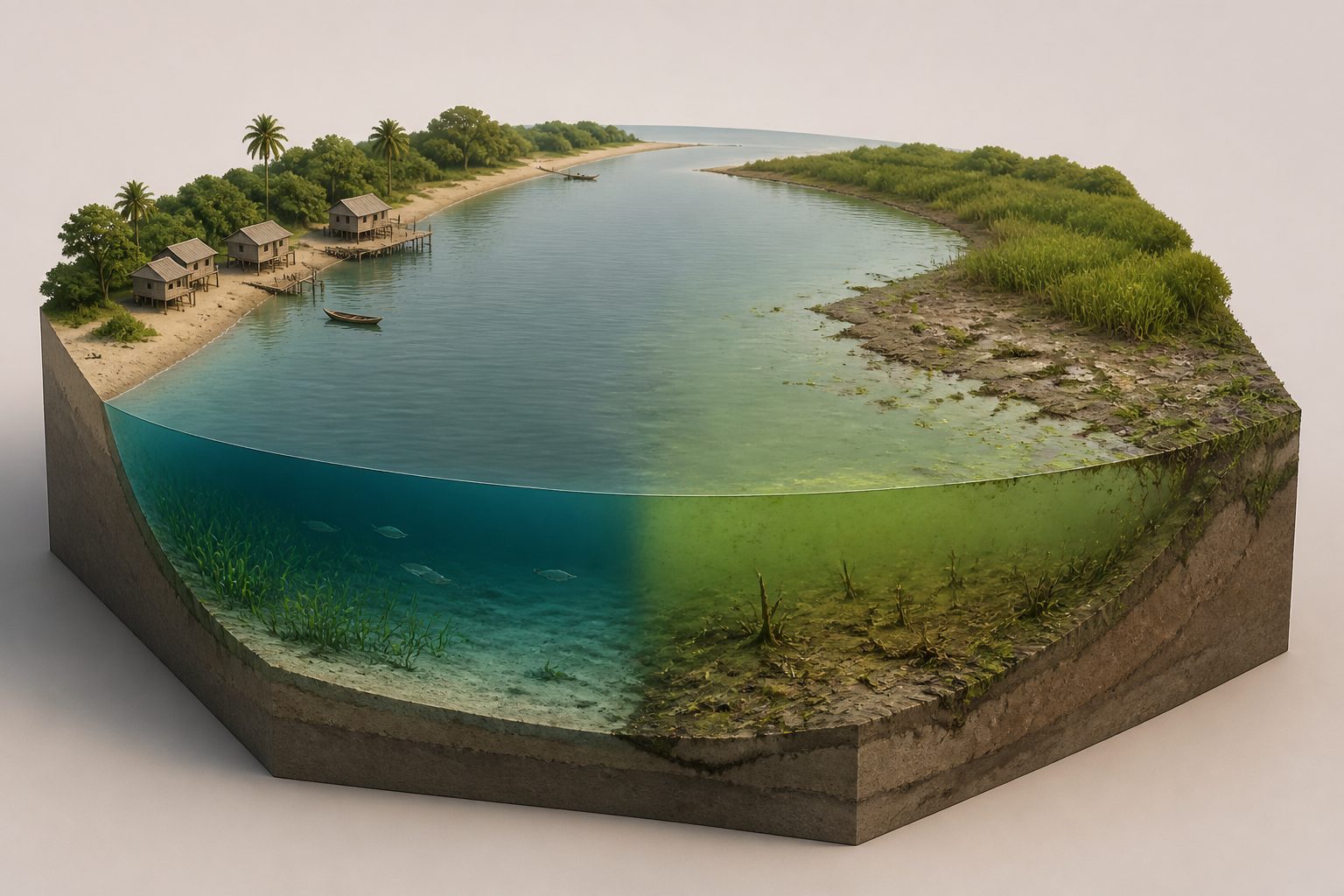 Abstract editorial illustration accompanying the article: Keta Lagoon remains functional but shows signs of nutrient and habitat stress