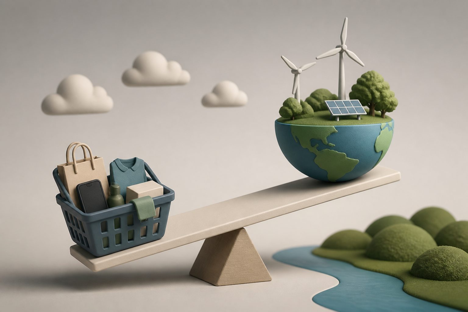 Abstract editorial illustration accompanying the article: Lower consumption could make climate targets easier to meet, study finds