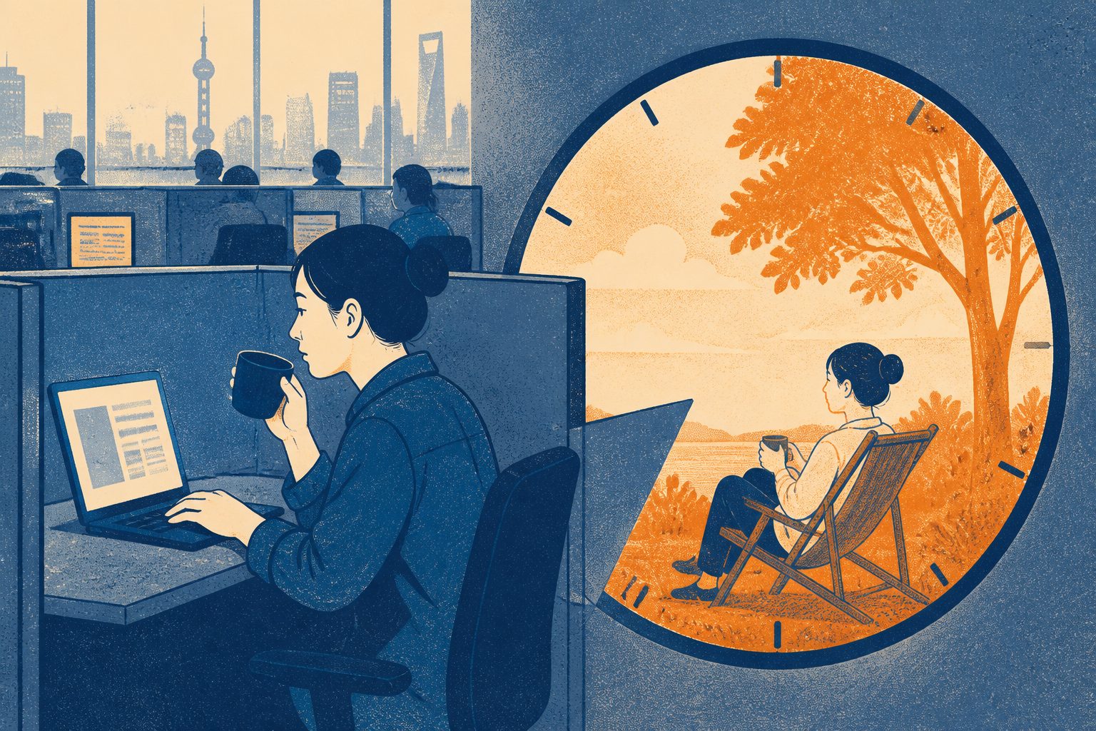 Abstract editorial illustration accompanying the article: In China, online workplace slacking can be a way to reclaim time