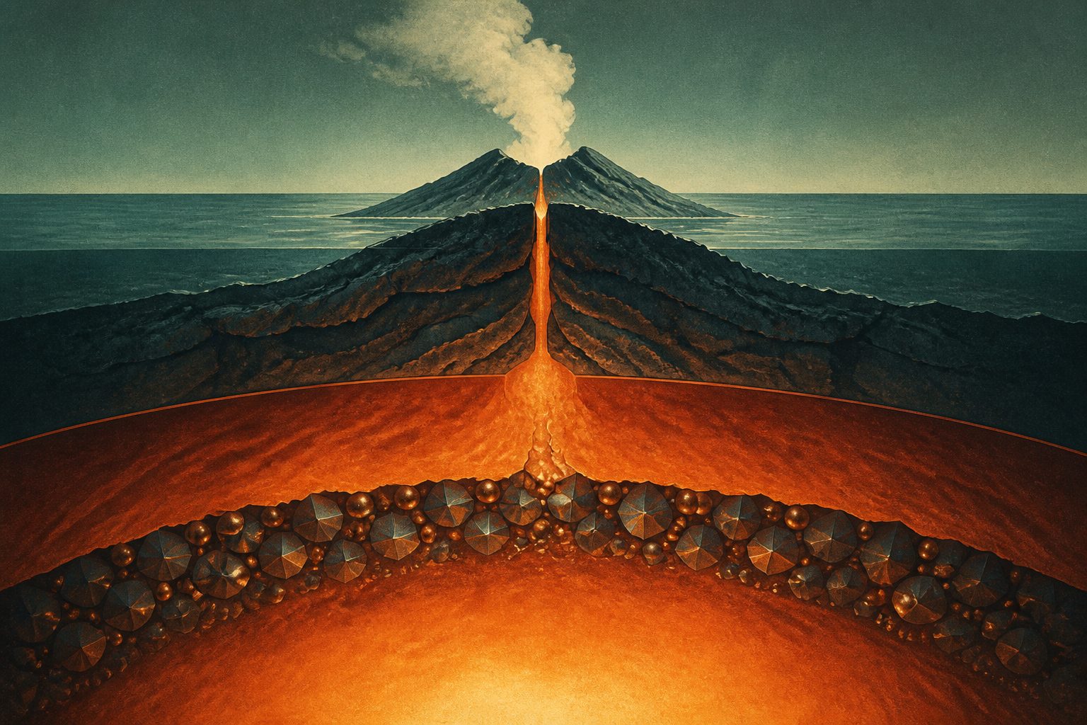 Abstract editorial illustration accompanying the article: Iron at Earth’s deep boundary may explain heavy isotopes in ocean lava