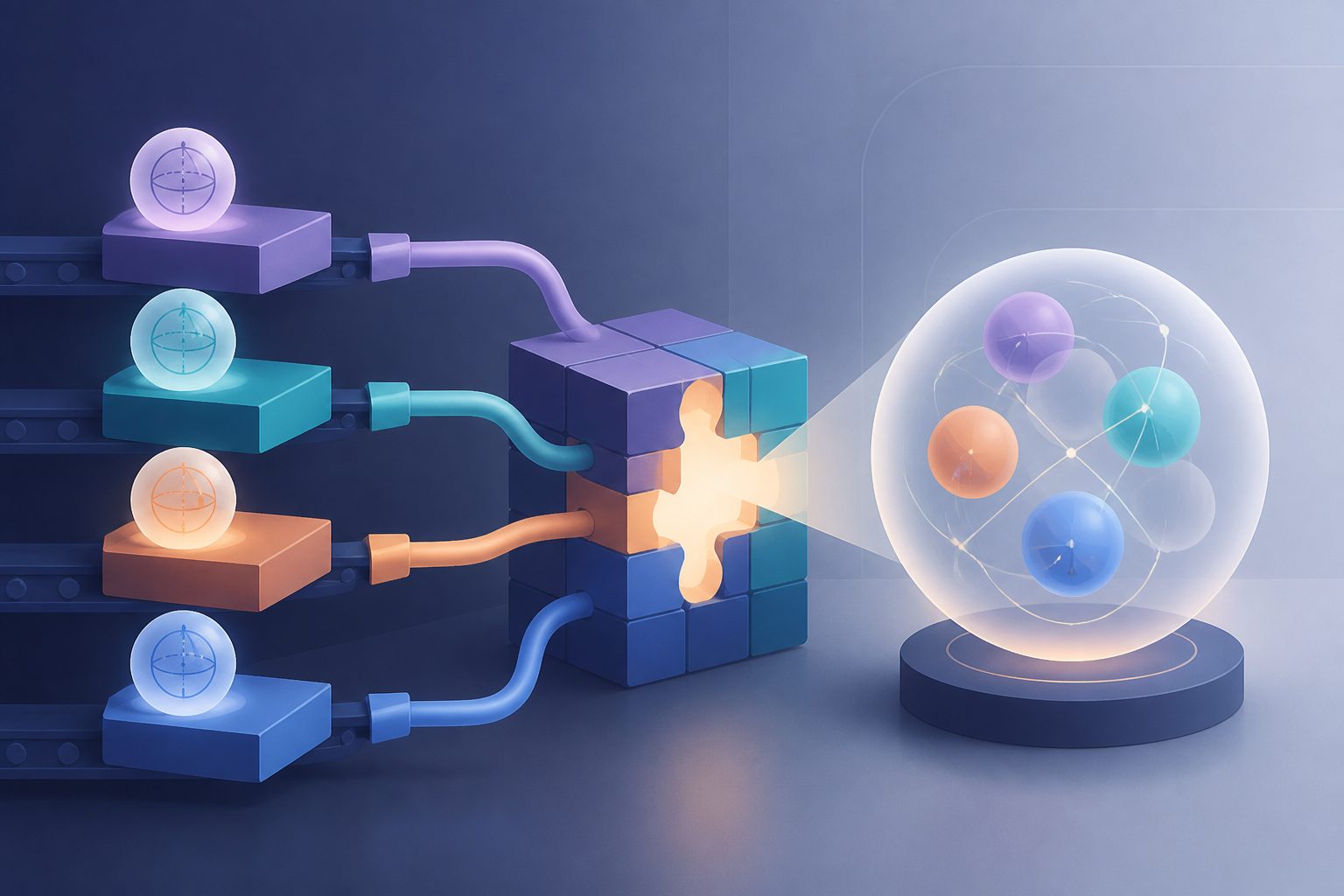 Abstract editorial illustration accompanying the article: A modular route to preparing mixed quantum states on quantum computers