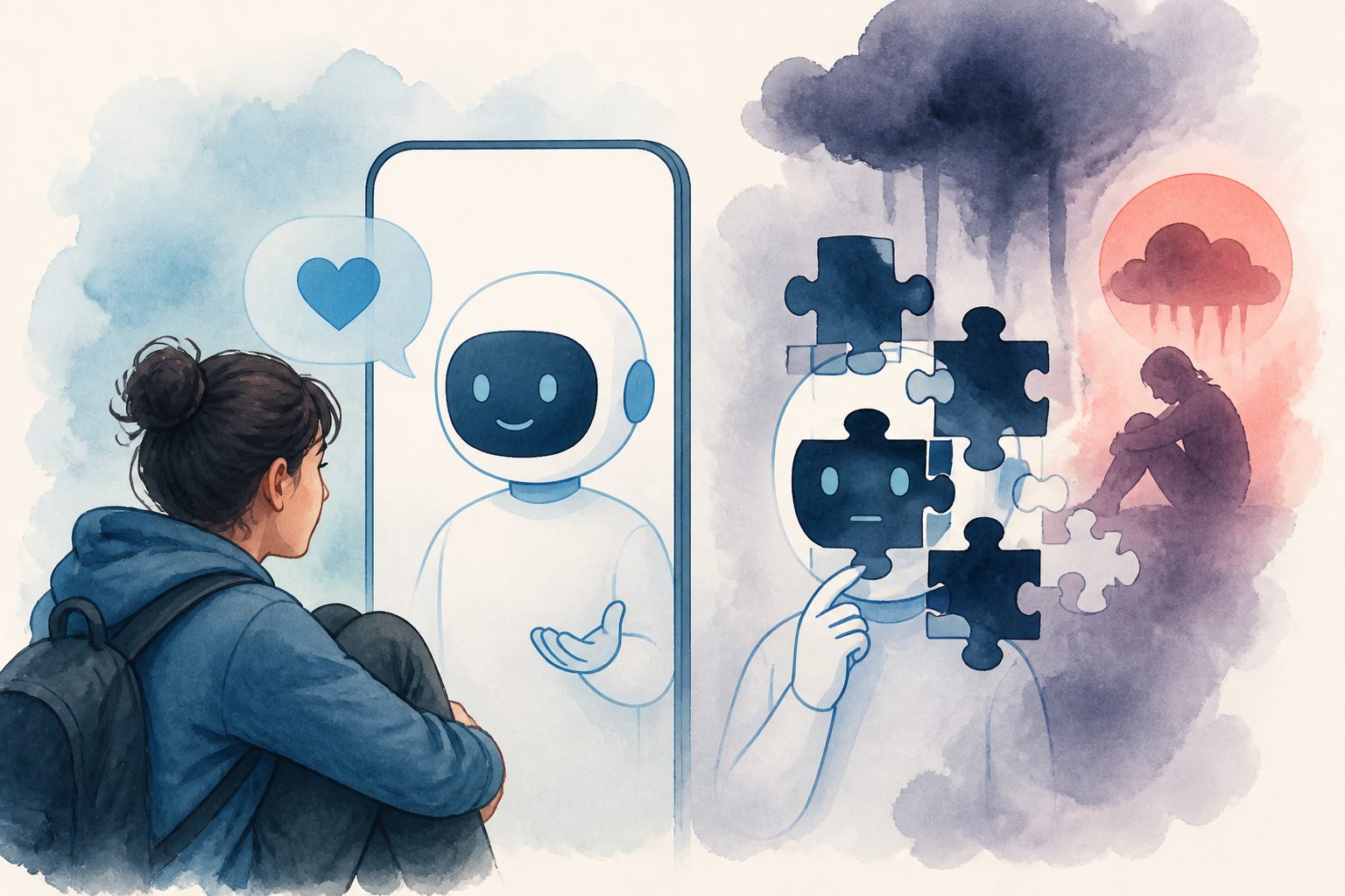 Abstract editorial illustration accompanying the article: AI counseling tool helped students open up but struggled with crisis clues