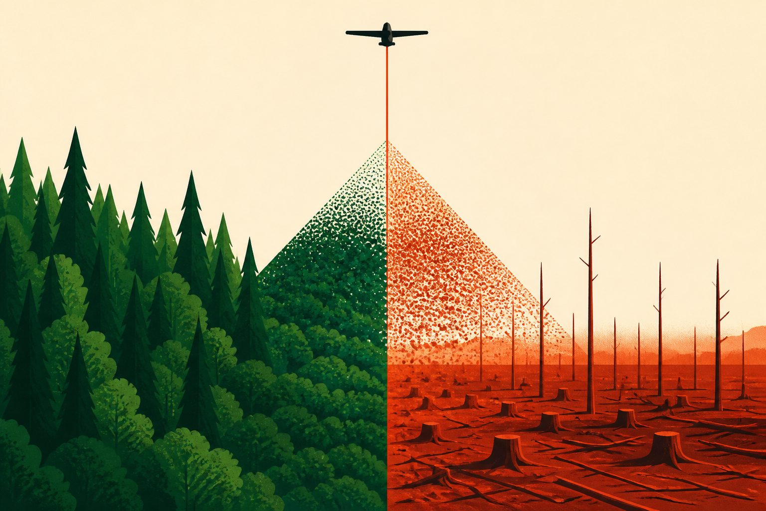 Abstract editorial illustration accompanying the article: Europe’s forest biomass losses accelerated after 2018