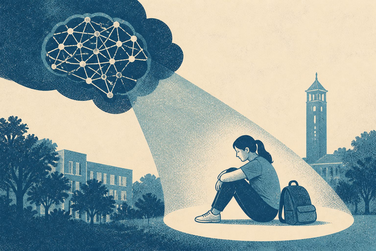 Abstract editorial illustration accompanying the article: An AI model better predicted suicidal thoughts in Taiwanese university students