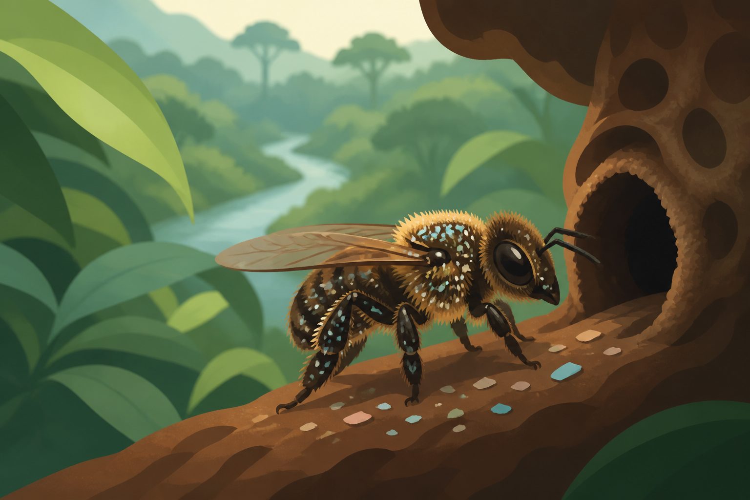 Abstract editorial illustration accompanying the article: Amazon stingless bees carried microplastics on their bodies