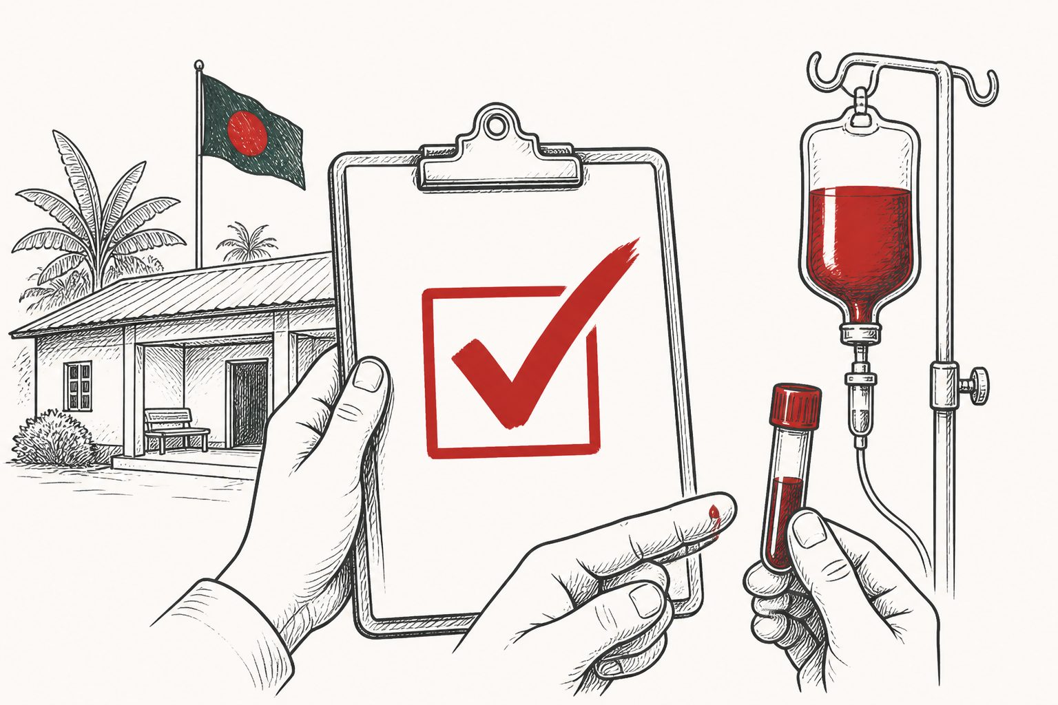 Abstract editorial illustration accompanying the article: Researchers assess readiness for anaemia testing and intravenous iron in Bangladesh