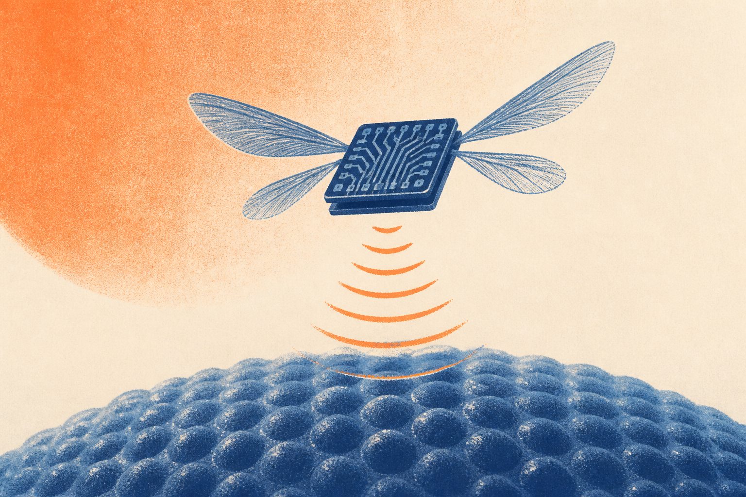 Abstract editorial illustration accompanying the article: Tiny robot flies, hovers and senses without moving parts