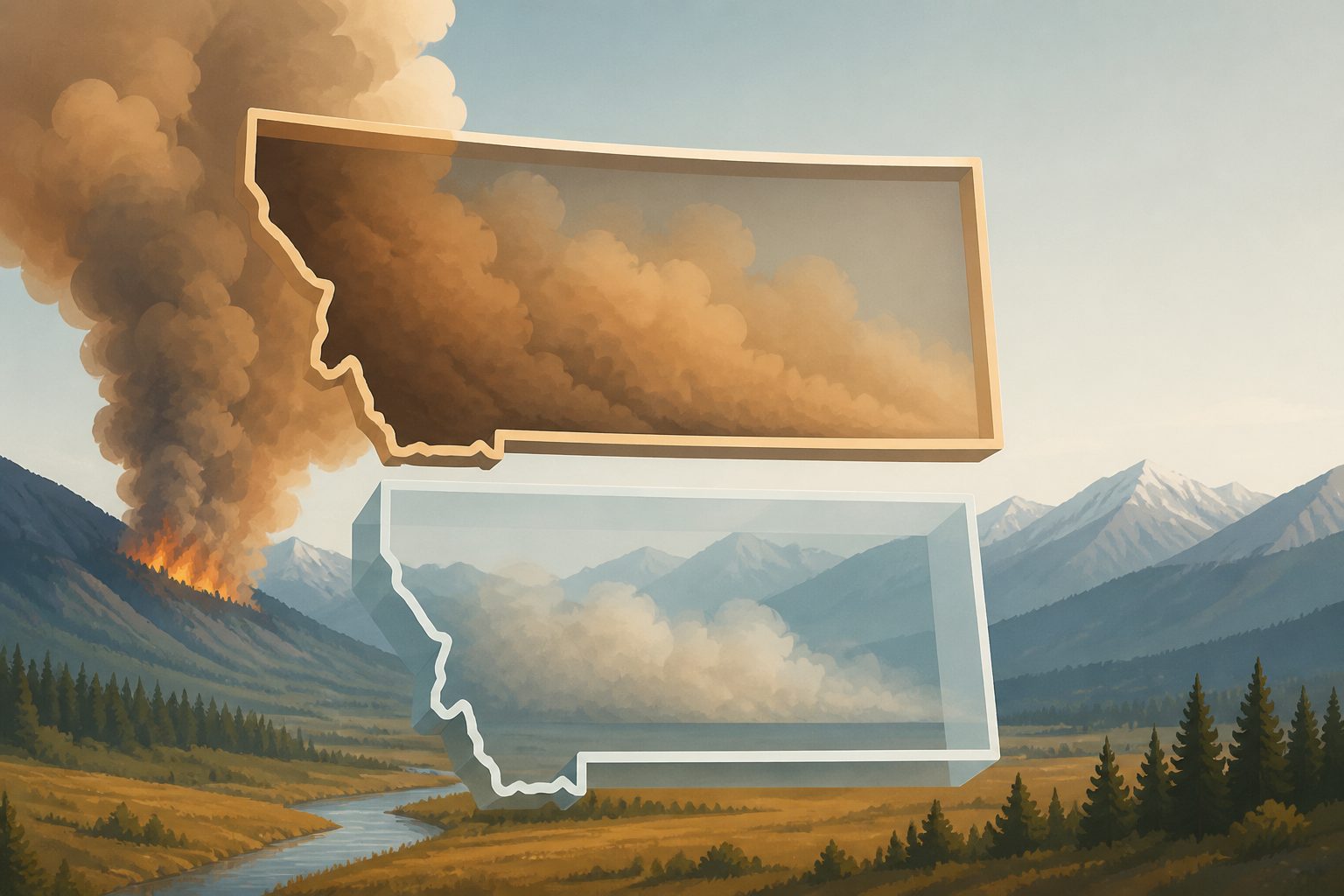 Abstract editorial illustration accompanying the article: Wildfire smoke in Montana carried more pollutants than models predicted