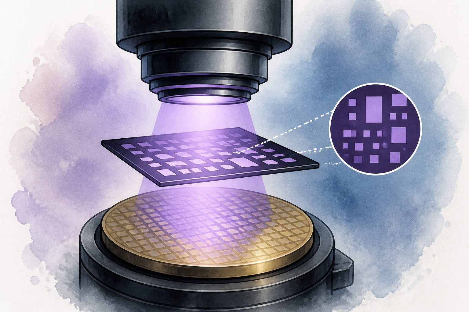 Abstract editorial illustration accompanying the article: A programmable light mask printed tiny patterns using standard chipmaking equipment