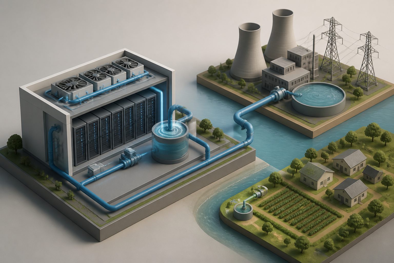 Abstract editorial illustration accompanying the article: AI data centres’ closed-loop cooling shifts 92–95% of water use to the grid