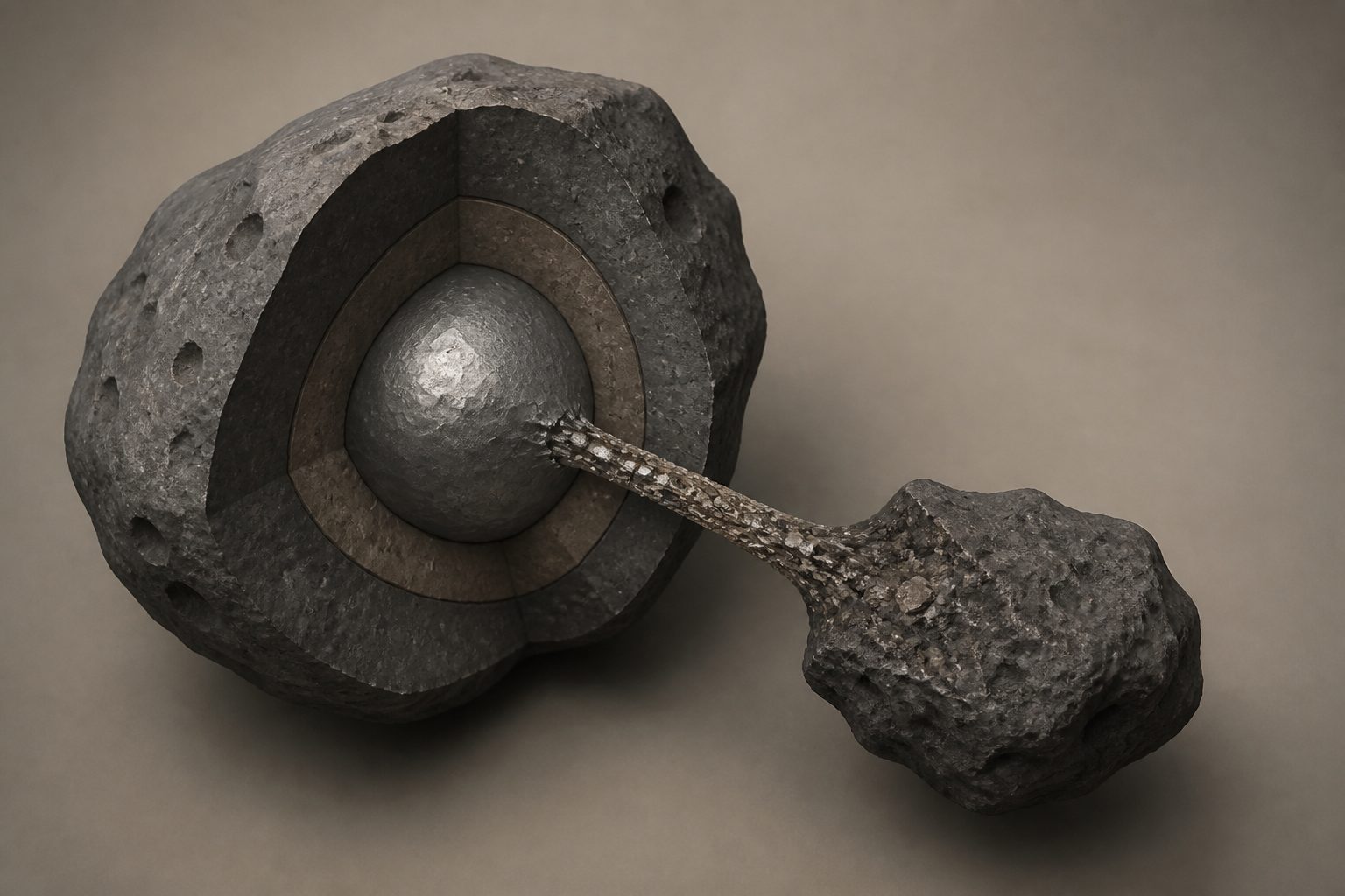 Abstract editorial illustration accompanying the article: A meteorite links an asteroid’s metal core and rocky mantle