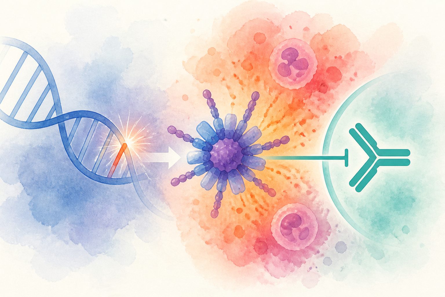 Abstract editorial illustration accompanying the article: A rare gene change triggered inflammation, and an interleukin-1 blocker helped