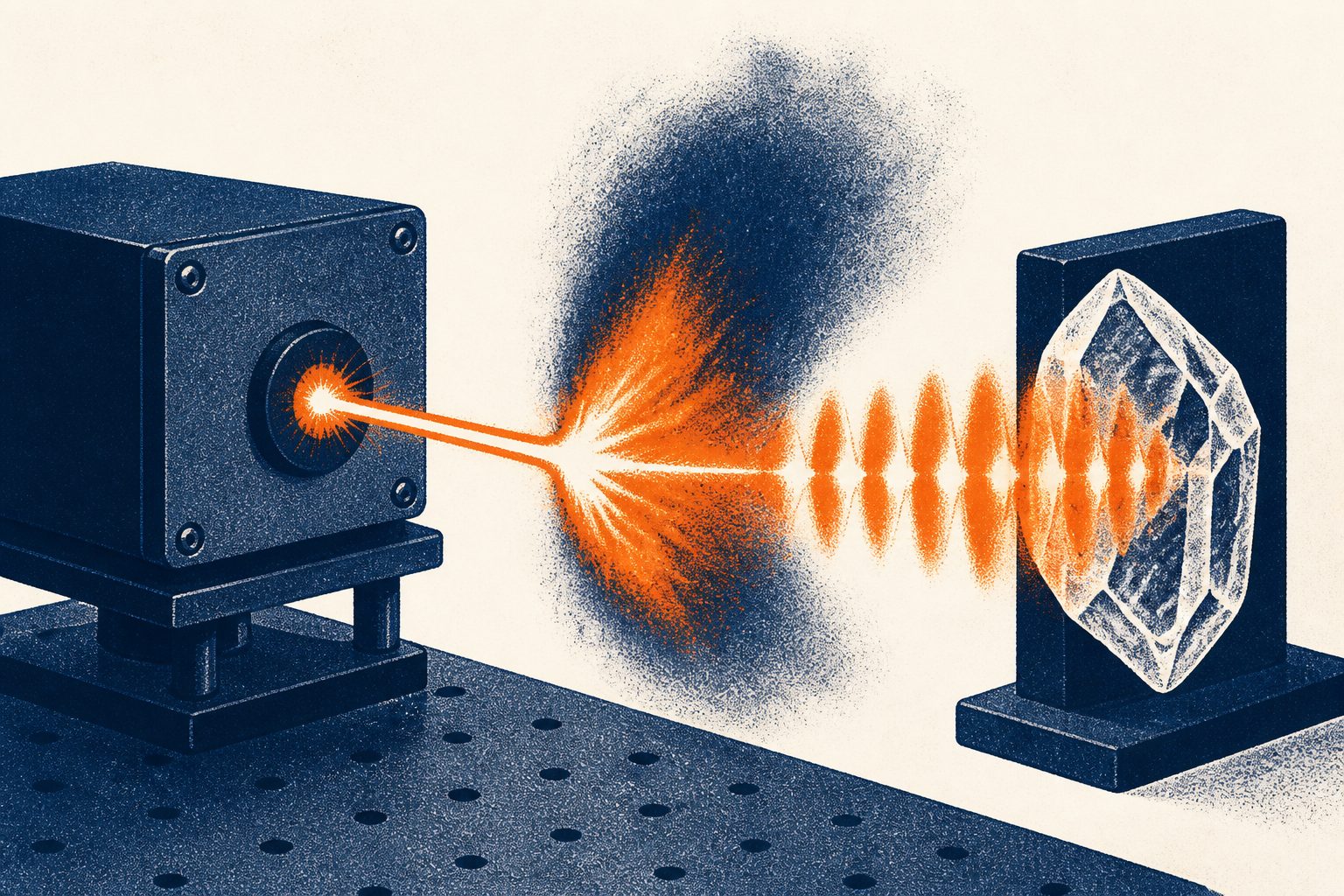 Abstract editorial illustration accompanying the article: Tabletop laser makes tunable X-ray pulses for imaging and spectroscopy