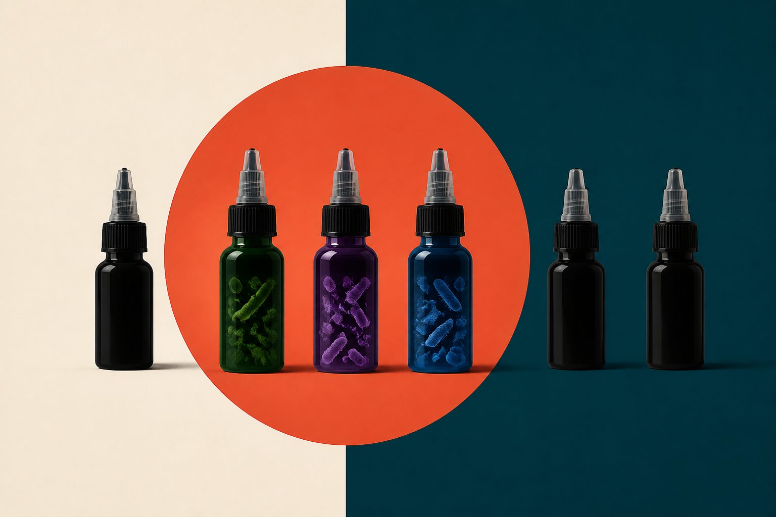 Abstract editorial illustration accompanying the article: About 1 in 3 tattoo and permanent-makeup inks carried bacteria