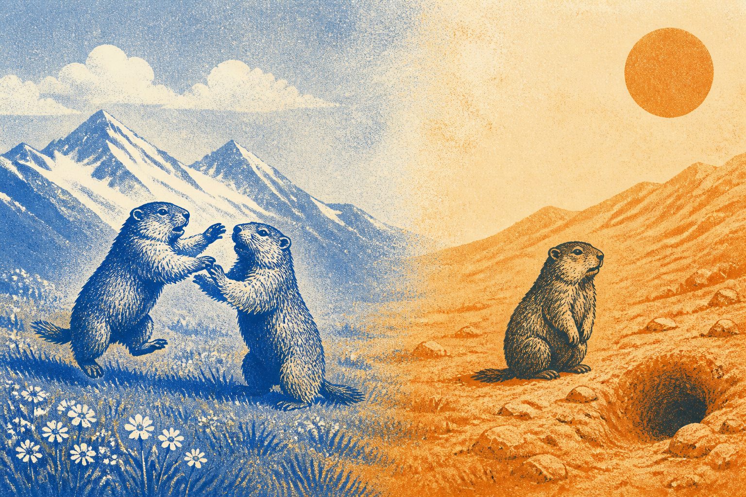 Abstract editorial illustration accompanying the article: Alpine marmots stop playing as temperatures rise, study finds