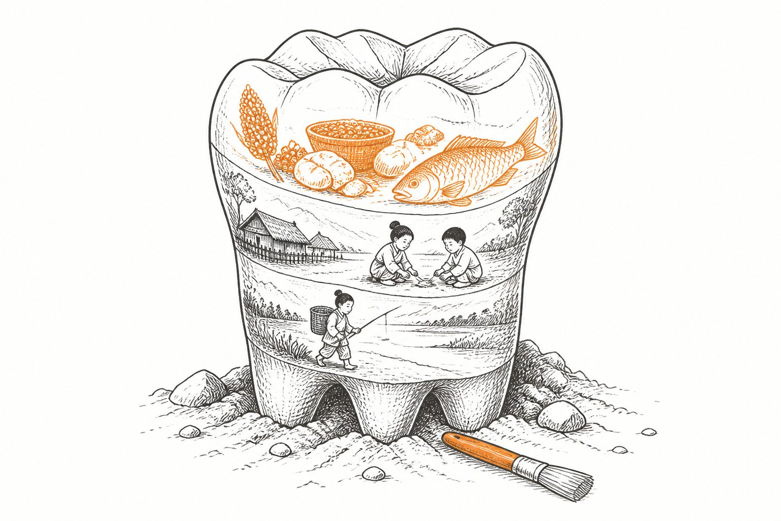 Abstract editorial illustration accompanying the article: Children’s teeth reveal varied diets and childhood lives in prehistoric China