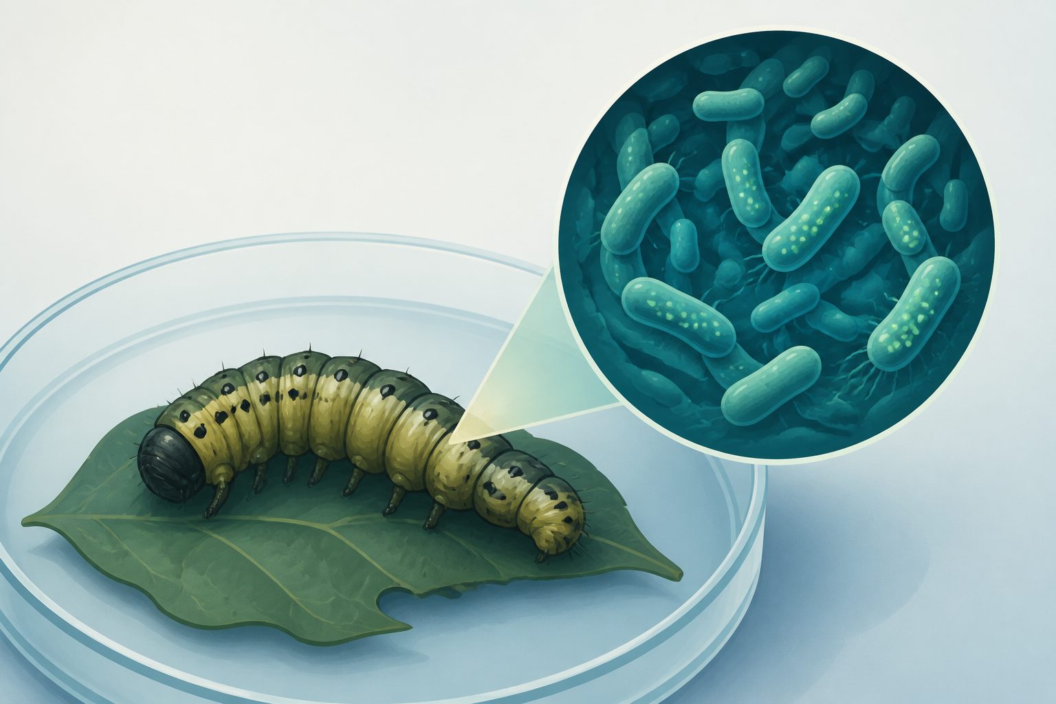 Abstract editorial illustration accompanying the article: Engineered gut bacteria killed all tested caterpillars in a lab study