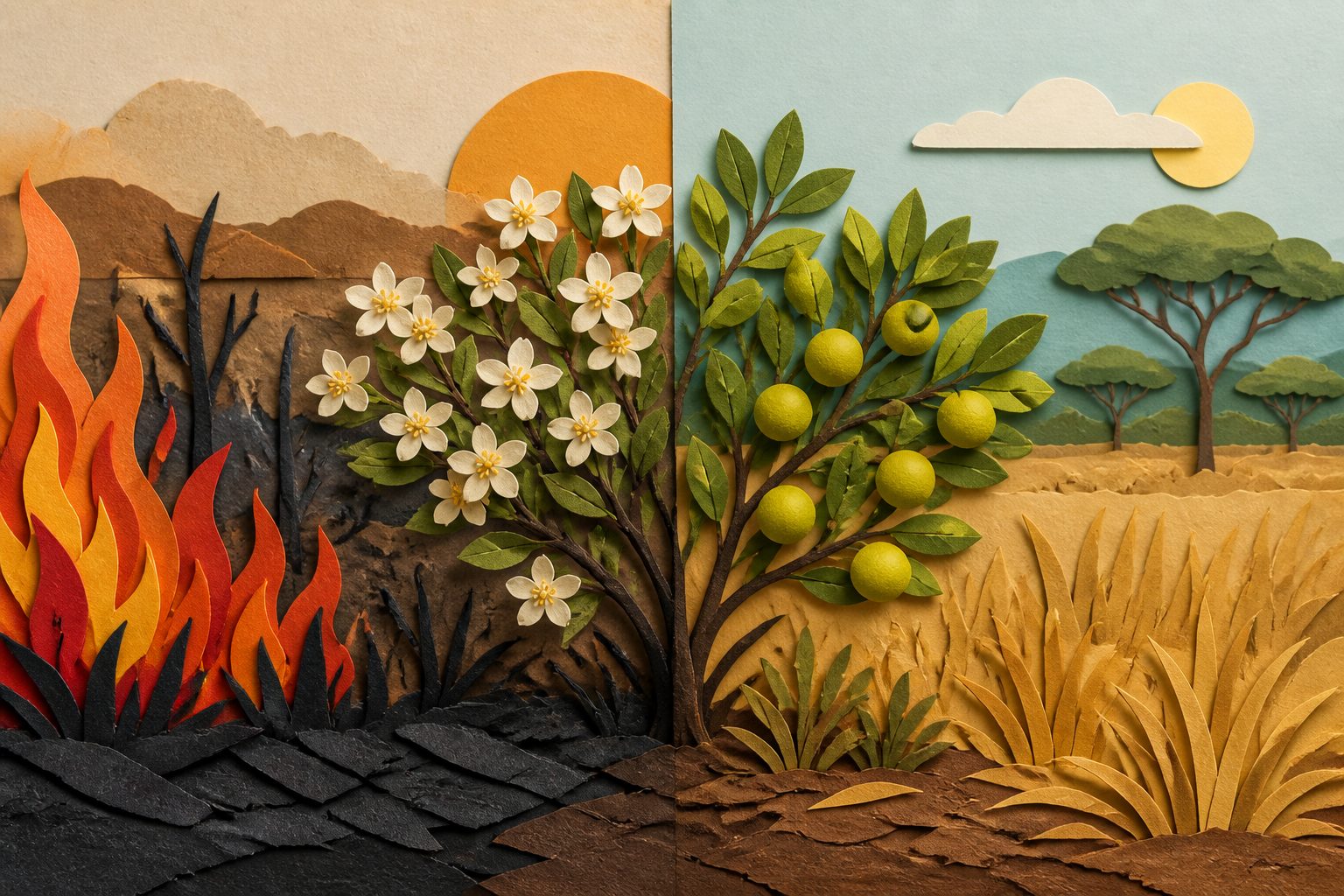 Abstract editorial illustration accompanying the article: Prescribed fire made a Cerrado shrub flower earlier but produce less fruit