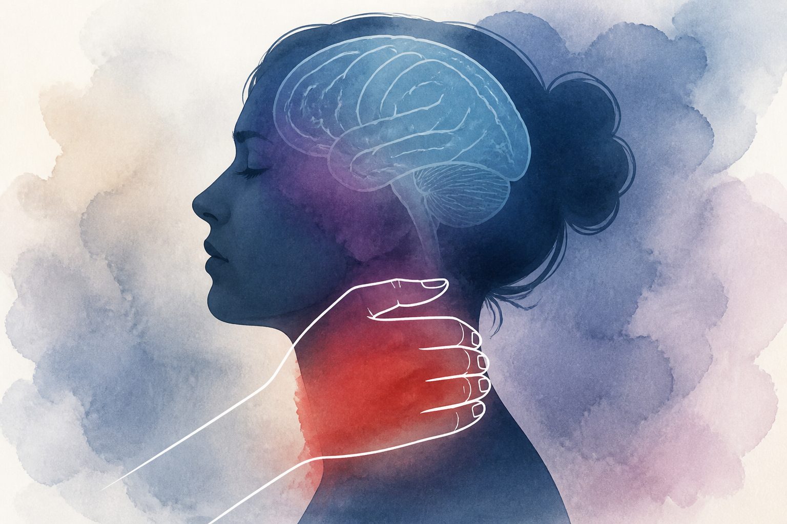 Abstract editorial illustration accompanying the article: Review examines brain and psychological effects after non-fatal strangulation