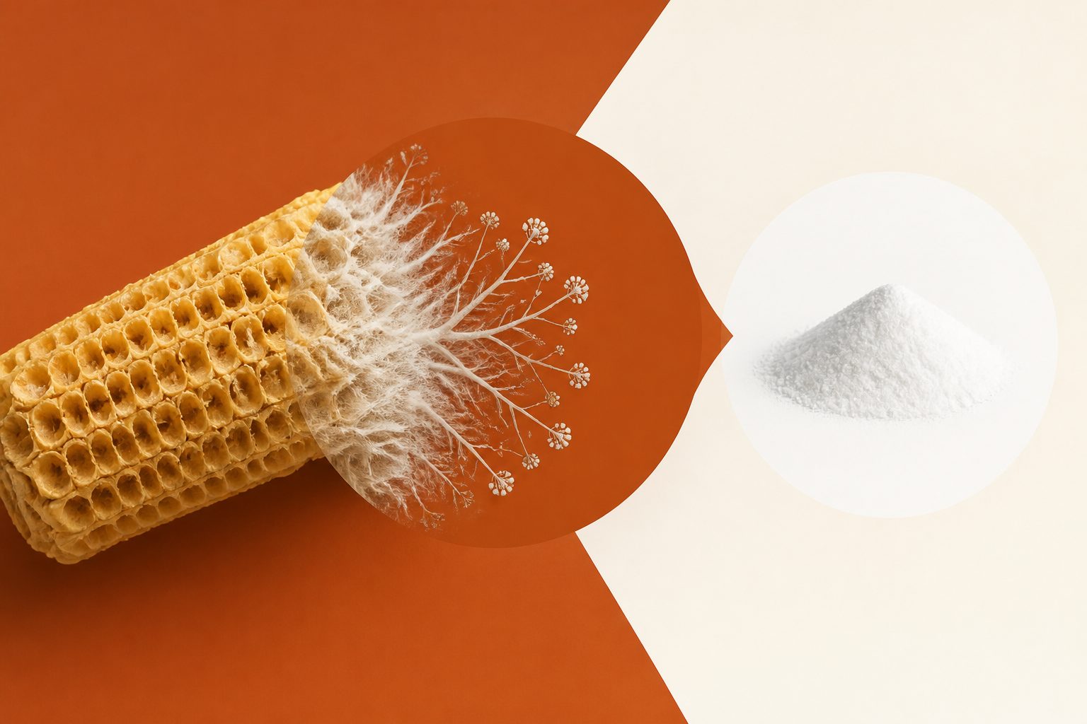 Abstract editorial illustration accompanying the article: A thermophilic fungus turns raw corncobs into high-purity malic acid