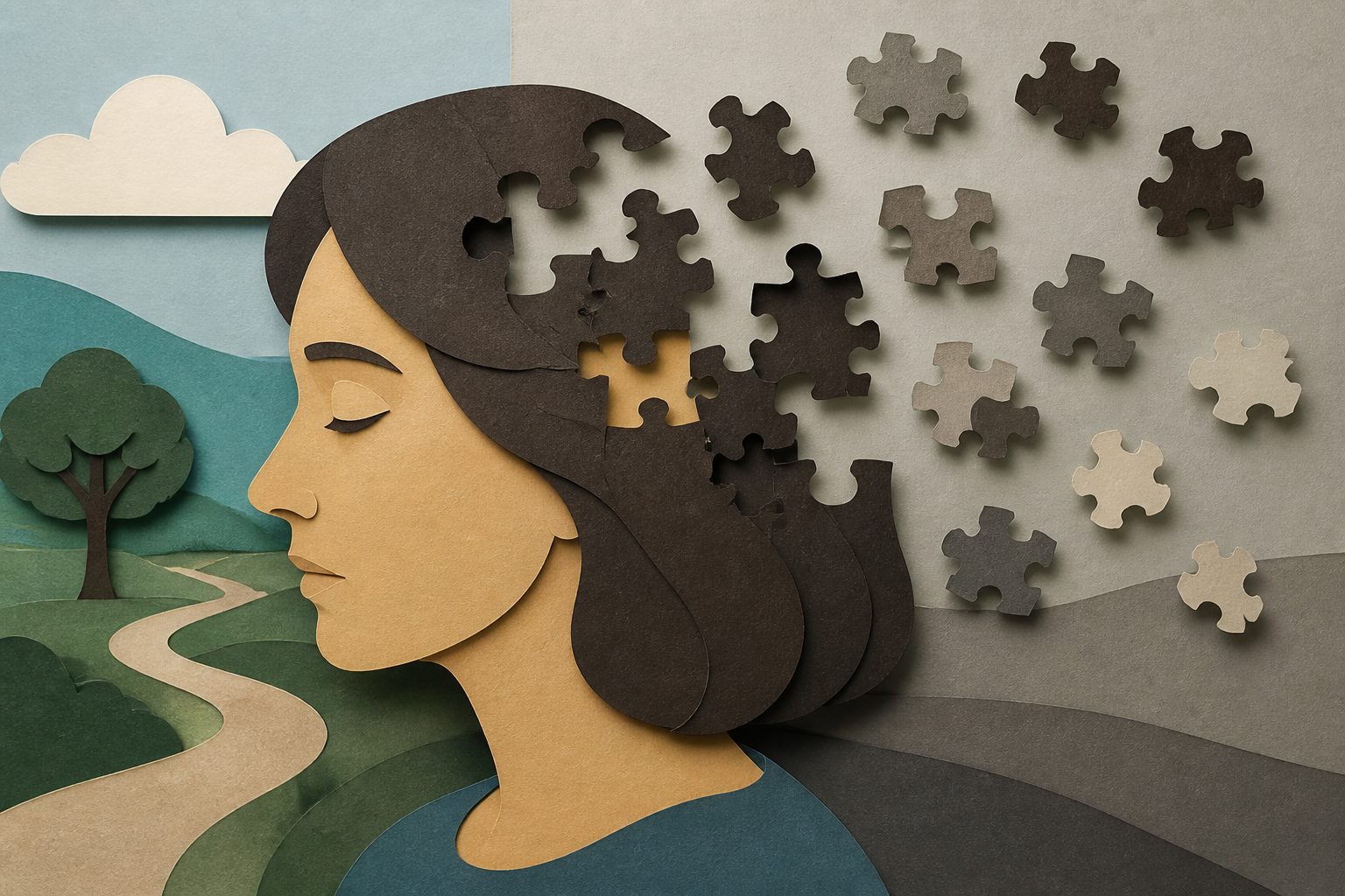 Abstract editorial illustration accompanying the article: Study suggests measurable cognitive decline begins in early midlife