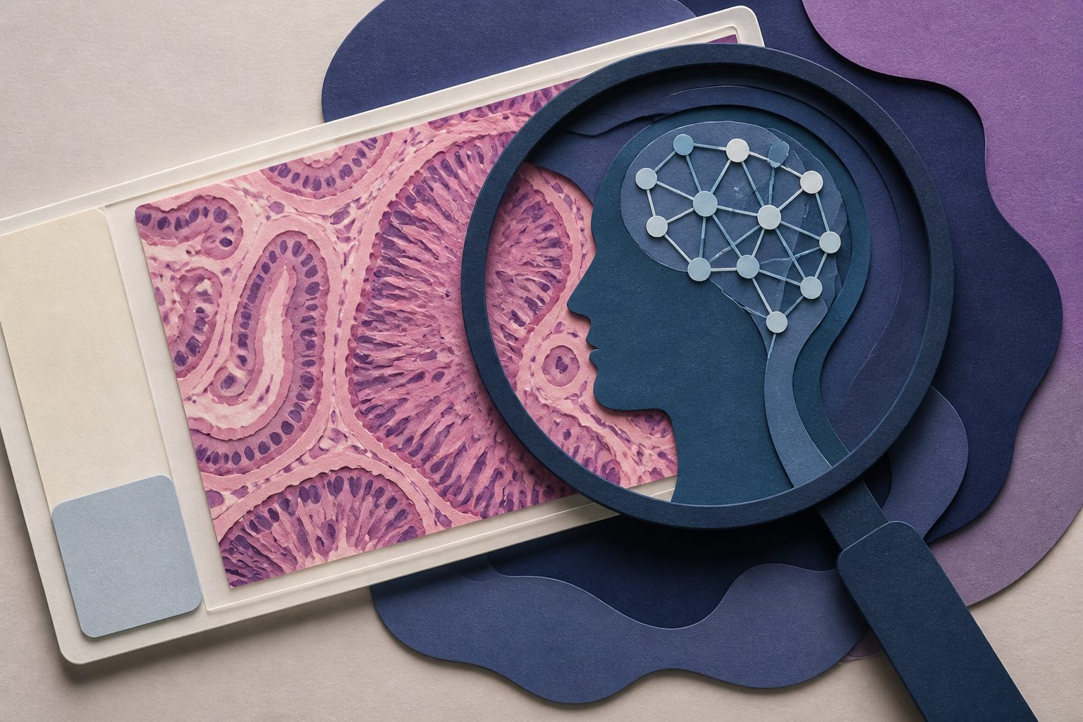 Abstract editorial illustration accompanying the article: Researchers report strong performance from an AI model for stomach biopsy images