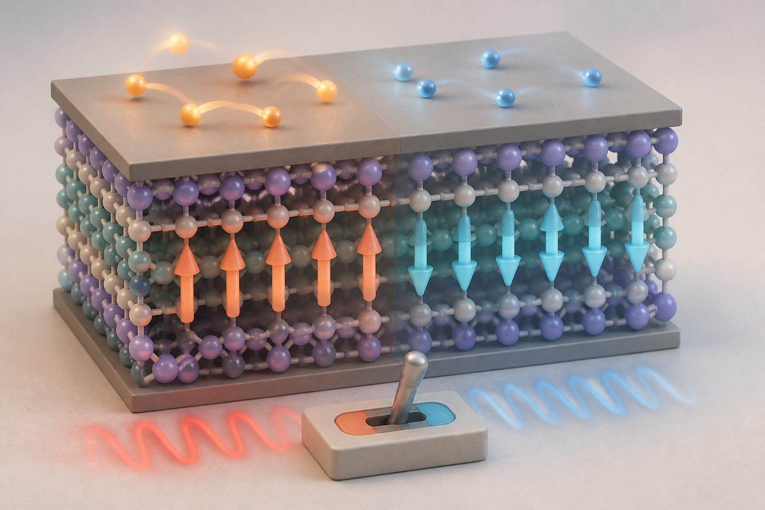 Abstract editorial illustration accompanying the article: A layered material combines switchable polarization with unusual electrons and vibrations